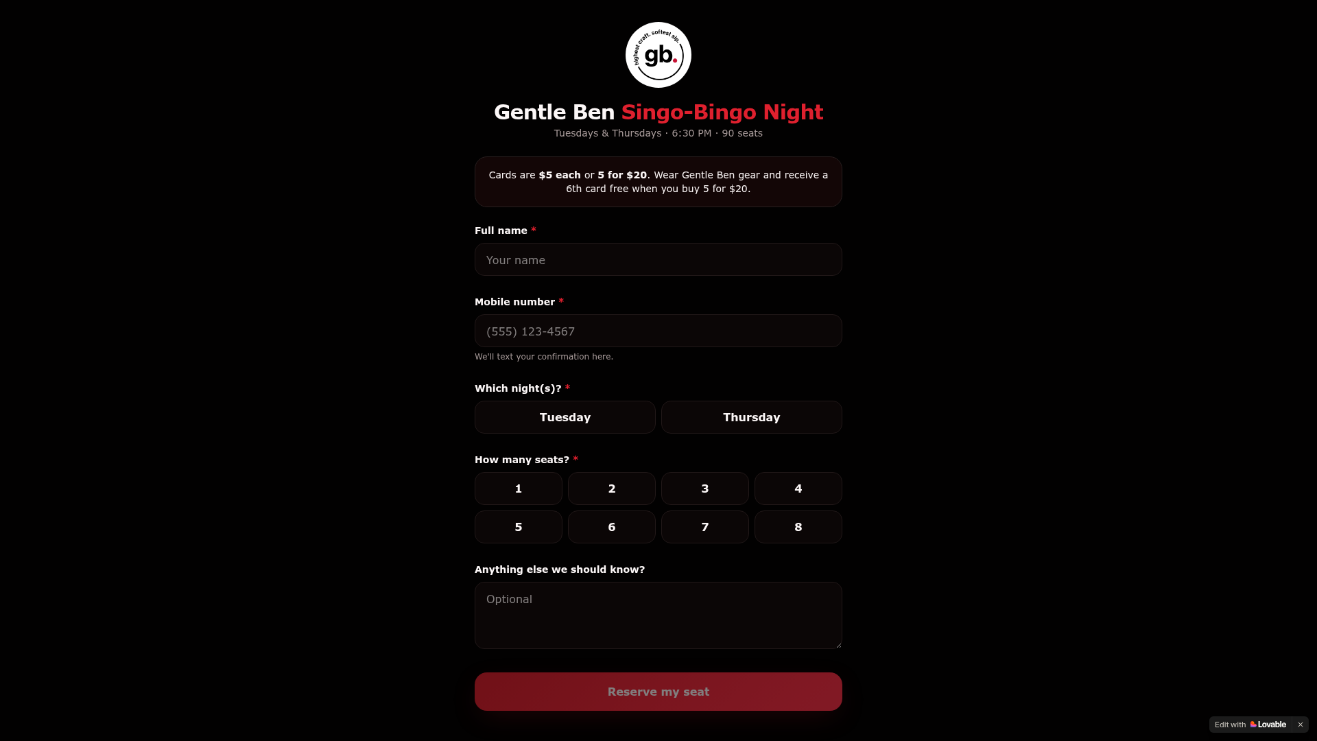Gentle Ben Singo-Bingo Night Reservations
