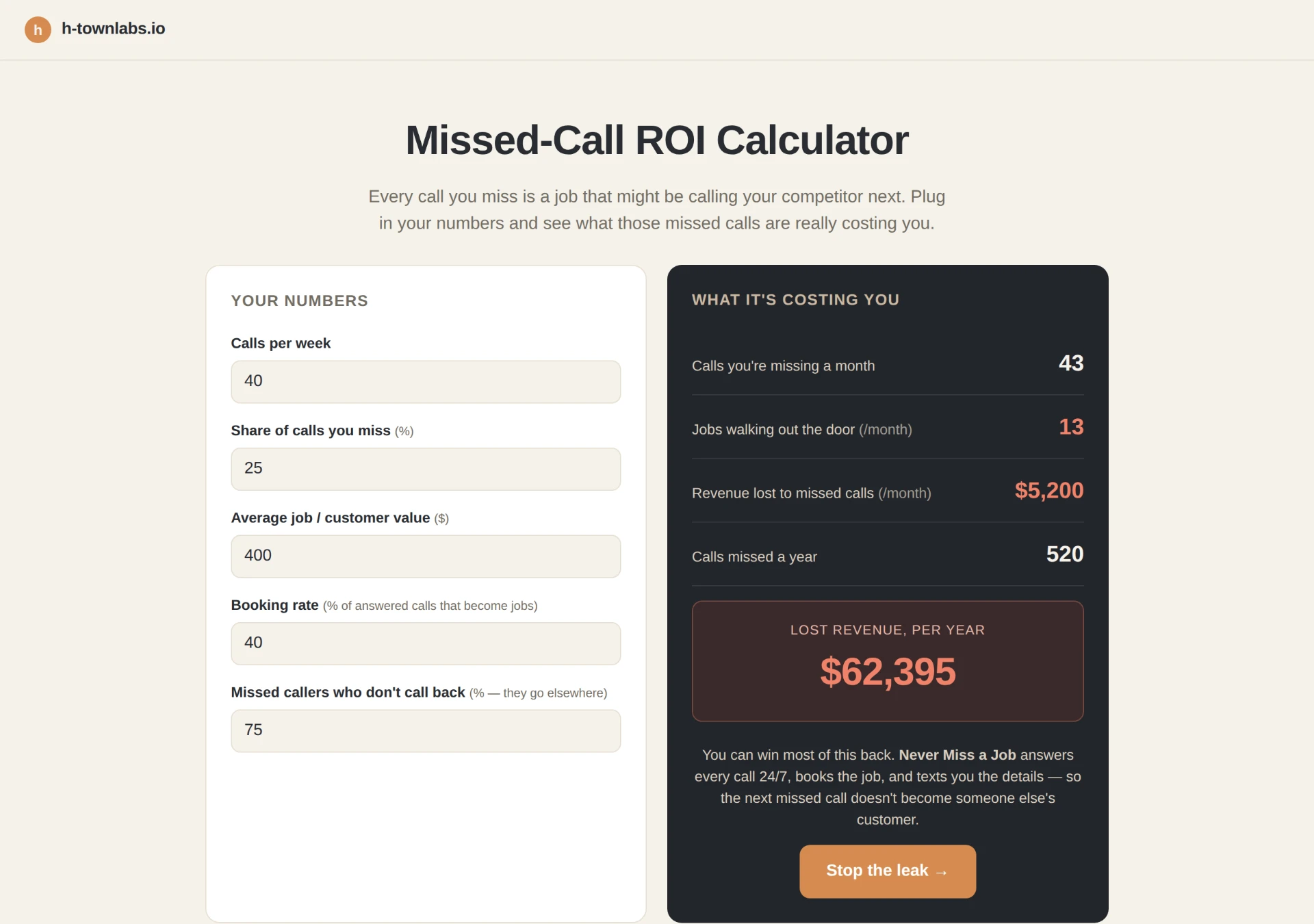 Missed-Call ROI Calculator preview